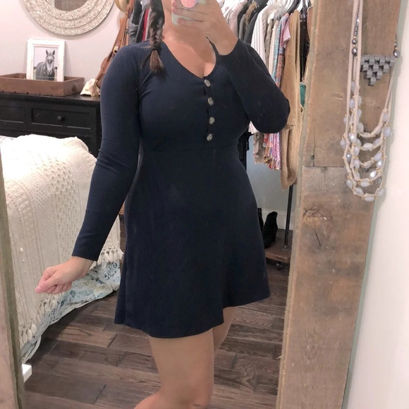 Shein medium navy blue rubbed long sleeve dress - Picture 2 of 5